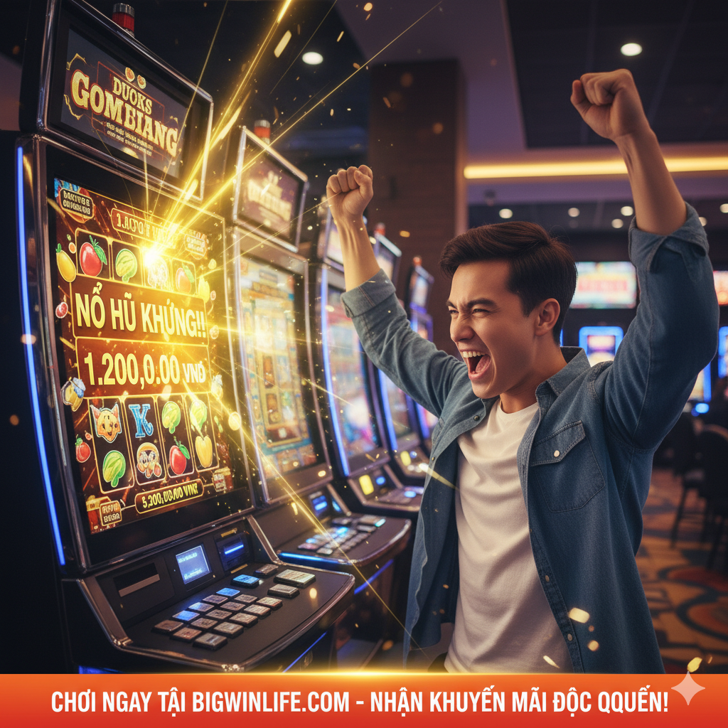 Hình ảnh tóm tắt/kêu gọi hành động mạnh mẽ. Hình ảnh một người chơi đang giơ tay ăn mừng với ánh sáng rực rỡ và hiệu ứng BIG WIN hoặc NỔ HŨ lớn hiển thị trên màn hình slot. Dưới cùng ảnh có một thanh tiêu đề màu đỏ/cam nổi bật với dòng chữ 'CHƠI NGAY TẠI BIGWINLIFE.COM' hoặc 'NHẬN KHUYẾN MÃI ĐỘC QUYỀN'. Bố cục năng động, thúc đẩy người xem hành động, truyền tải cảm giác phấn khích của việc chiến thắng Jackpot.