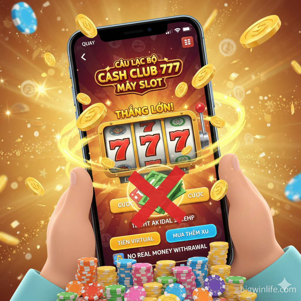 Hình ảnh minh họa cho 'Cash Club 777 Slot' là game giải trí (Social Casino). Hình ảnh nên mô tả màn hình điện thoại di động hiển thị giao diện game slot 777 cổ điển, có nhiều đồng xu vàng ảo bay lượn trên màn hình. Phía dưới hoặc xung quanh màn hình điện thoại là các biểu tượng tiền ảo (coins, chips) và một nút 'Buy More Coins' mờ ảo. Phong cách vui nhộn, rực rỡ, nhưng có một dấu 'X' lớn màu đỏ mờ đặt chéo qua biểu tượng tiền thật để ngụ ý 'Không rút được tiền thật'.