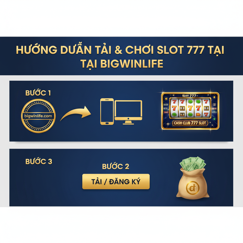 Ảnh minh họa các bước 'Hướng Dẫn Tải & Chơi Slot 777 tại BigWinLife'. Ảnh có thể chia làm 3 phần hoặc 3 bước đơn giản: 1. Biểu tượng 'bigwinlife.com' với mũi tên chỉ vào 2. Biểu tượng 'Điện thoại/Máy tính' với nút 'Tải/Đăng Ký' 3. Biểu tượng 'Màn hình Game Slot 777' của BigWinLife với một túi tiền thật (VND) lớn. Sử dụng màu chủ đạo của BigWinLife (ví dụ: xanh dương, vàng đồng) để thể hiện tính chuyên nghiệp và uy tín. Bố cục rõ ràng, dễ theo dõi như một infographic đơn giản.