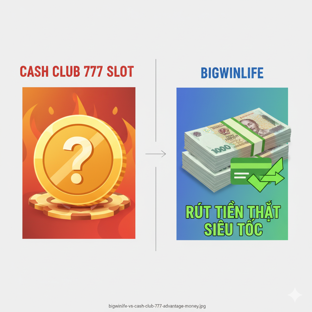 Hình ảnh so sánh lợi thế cốt lõi giữa hai ứng dụng. Ảnh chia thành hai cột: Cột 'Cash Club 777 Slot' có một đồng xu vàng lớn với ký hiệu tiền ảo (chips) và dấu hỏi lớn. Cột 'BigWinLife' có một bó tiền VND lớn và một thẻ ngân hàng/biểu tượng chuyển khoản siêu tốc, cùng với dấu tick xanh lá lớn, nhấn mạnh vào 'RÚT TIỀN THẬT SIÊU TỐC'. Phong cách hiện đại, dùng màu tương phản (ví dụ: đỏ/vàng cho Cash Club, xanh dương/xanh lá cho BigWinLife) để làm nổi bật sự khác biệt về 'Giá trị Thưởng'.