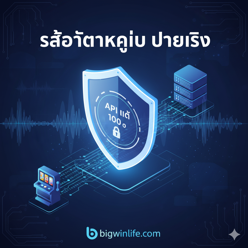 ภาพแสดงจุดแข็งและข้อได้เปรียบที่สำคัญที่สุด: 'เว็บตรง API แท้' องค์ประกอบหลักคือ ลูกกุญแจดิจิทัลหรือโล่ป้องกันที่มีสัญลักษณ์ 'API' หรือ '100% Genuine' พร้อมแสงสว่างจ้า และมีเส้นสายข้อมูลที่เป็นรหัสดิจิทัลเชื่อมโยงจากตู้สล็อต (เล็กน้อย) ไปยังเซิร์ฟเวอร์ขนาดใหญ่ ใช้สีน้ำเงินเข้มและขาวเป็นพื้นหลัง เพื่อสื่อถึงความปลอดภัยทางไซเบอร์และความน่าเชื่อถือ จัดวางลูกกุญแจ/โล่ขนาดใหญ่อยู่ตรงกลางภาพ เน้นย้ำข้อความ 'สล็อตแตกง่าย จ่ายจริง' และโลโก้ bigwinlife.com เพื่อสร้างความมั่นใจสูงสุดให้กับผู้เล่น