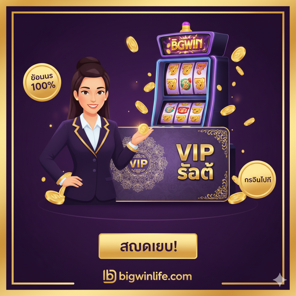 ภาพสรุปและกระตุ้นการตัดสินใจ (CTA) เน้นการบริการระดับพรีเมียมและโบนัส องค์ประกอบหลักคือ พนักงานต้อนรับ (Avatar/Icon) ที่ดูเป็นมิตรและมืออาชีพ ยืนอยู่ข้างบัตร VIP สีทองหรือแพลทินัม มีฉากหลังเป็นตู้สล็อตที่กำลังแจกรางวัลและมีป้าย 'โบนัส 100%' หรือ 'เครดิตฟรี' ลอยอยู่รอบๆ ใช้โทนสีม่วงเข้มและทอง เพื่อสื่อถึงความพิเศษและสถานะ VIP จัดวางไอคอน CTA (เช่น ปุ่ม 'สมัครเลย') ที่ดูน่าคลิก และมีโลโก้ bigwinlife.com อยู่ด้านล่างเพื่อตอกย้ำแบรนด์ ภาพรวมดูหรูหรา ดึงดูด และกระตุ้นให้เกิดการสมัครสมาชิก