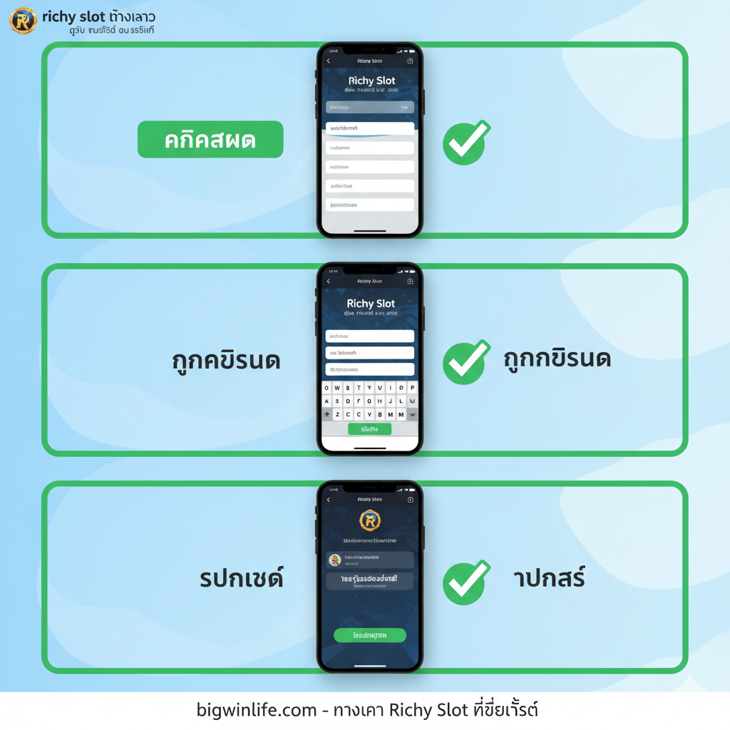 ภาพบทเรียนที่กระชับและชัดเจน แสดงขั้นตอนการ “สมัคร (ลงทะเบียน)” และ “Login (เข้าสู่ระบบ)” อย่างรวดเร็ว ภาพแบ่งออกเป็นสามส่วน แต่ละส่วนมีตัวเลข 1, 2, 3 หรือคำภาษาไทย “คลิกสมัคร”, “กรอกข้อมูล”, “รับรหัส” องค์ประกอบหลักคือหน้าจอโทรศัพท์มือถือหรือคอมพิวเตอร์ที่มีอินเทอร์เฟซการลงทะเบียนและปุ่มเข้าสู่ระบบ พร้อมเครื่องหมายถูกสีเขียวที่ชัดเจน เน้นถึงความ “ง่าย รวดเร็ว และเสถียร” ของกระบวนการ สไตล์โดยรวมควรสะอาด ทันสมัย ใช้พื้นหลังสีฟ้าอ่อนหรือสีขาว