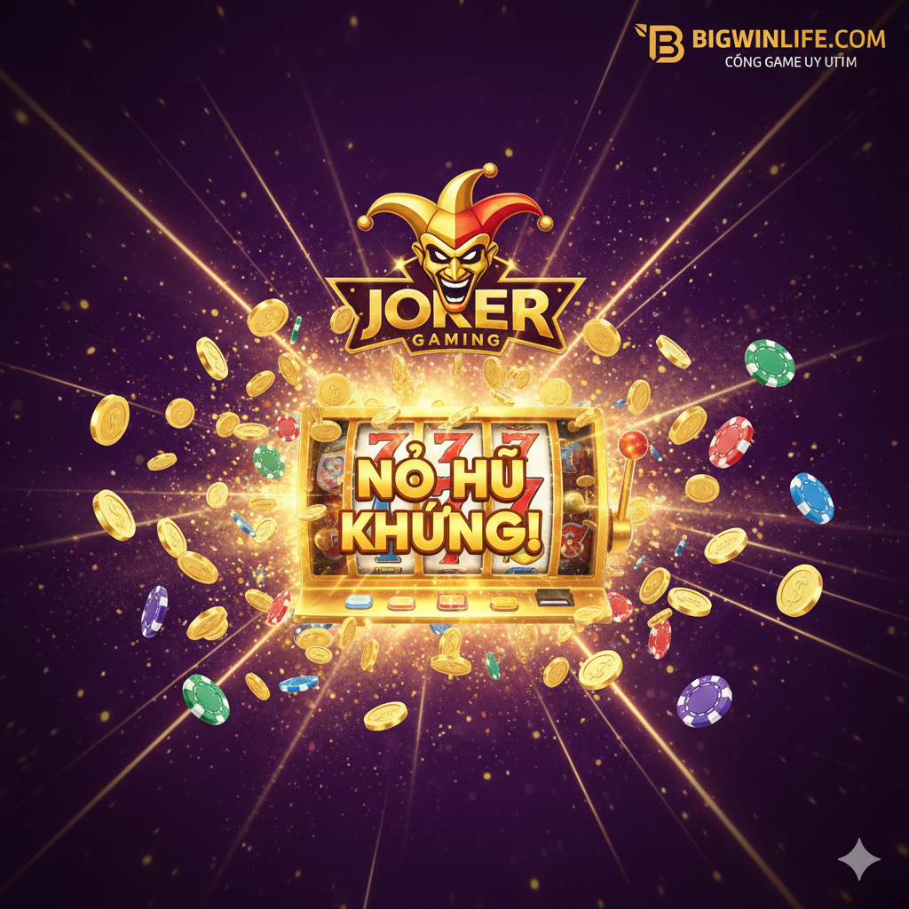 一张吸引眼 cầu 的封面图，主题是Joker Gaming和BIGWINLIFE的巨额奖金（Jackpot）。画面中央应是一个爆炸性的金色老虎机（Slot Machine）屏幕，显示出巨大的“JACKPOT WIN”字样，周围有大量金币和筹码飞溅而出。背景应采用Joker Gaming标志性的深紫色和金色调，营造出高端、刺激的赌博氛围。左上角或右上角突出展示BIGWINLIFE的Logo或网址，强调官方和权威性。整体风格应是高动态、高饱和度的3D渲染效果。