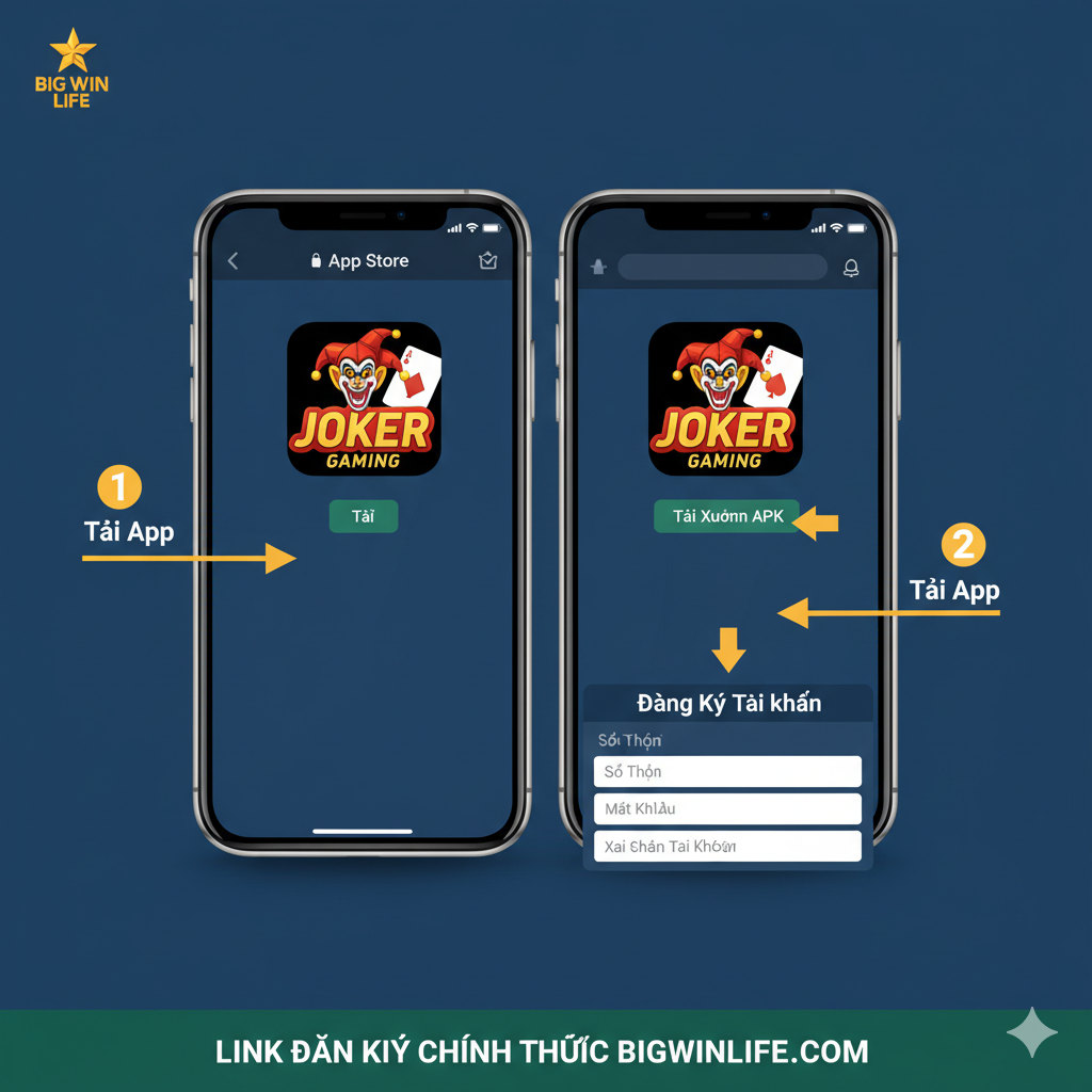 一张简洁明了的教程图,指导用户“Tải App Joker Gaming (iOS & Android)”。画面应并列展示一个iPhone和Android手机模型,分别对应'App Store'和'Google Play'或直接下载的界面。用箭头或数字步骤(1-2-3)简洁地标示出“Tải App”和“Đăng Ký”的步骤。背景采用BIGWINLIFE品牌的主色调(例如蓝色或绿色),营造出专业和易操作的氛围。图片下方应有'Link Đăng Ký Chính Thức'的字样,强化权威链接的引导。