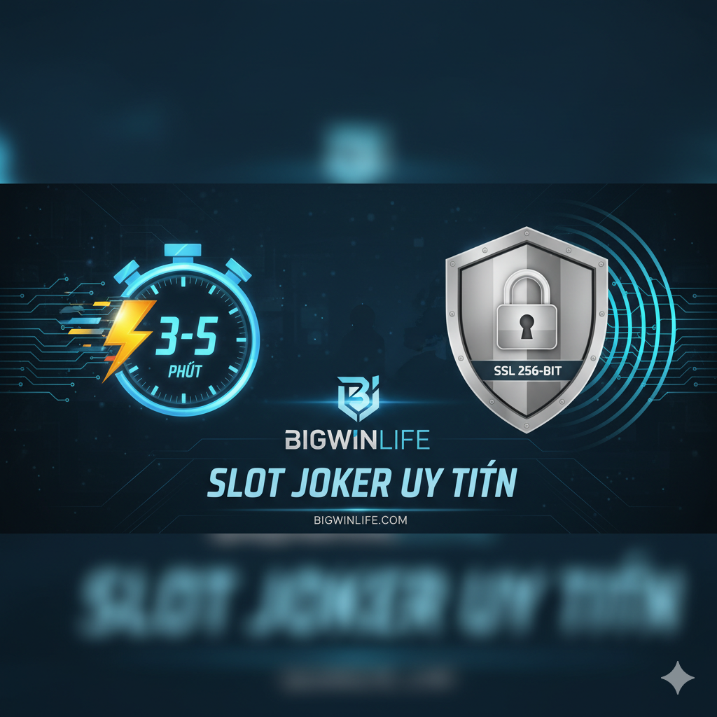 一张突出BIGWINLIFE作为官方代理的优势（Tốc độ Nạp/Rút & Bảo Mật）的图片。画面左侧应是一个高速运行的计时器或闪电符号，代表3-5分钟的超快交易速度。右侧是一个带有SSL 256-bit锁头标志的盾牌，象征着五层防火墙的顶级安全保障。中间可以放置BIGWINLIFE的Logo和'Slot Joker Uy Tín'的越南语口号。整体风格应是科技感和信任感并重，使用冷色调（蓝色、银色）来体现安全和效率。
