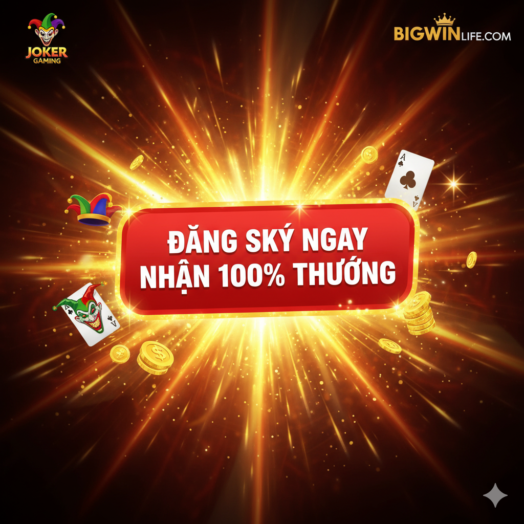 一张总结和号召行动(CTA)的图片,旨在鼓励用户立即注册并领取100%首存优惠。画面中央是一个巨大的红色或金色按钮,上面写着“ĐĂNG KÝ NGAY NHẬN 100% THƯỞNG”的越南语。周围围绕着Joker Gaming的标志性元素和BIGWINLIFE的Logo。背景可以是一个抽象的光芒四射的图案,象征着机会和财富。使用暖色调(红、金)来激发用户的参与热情,营造一种不容错 qua 的紧迫感。