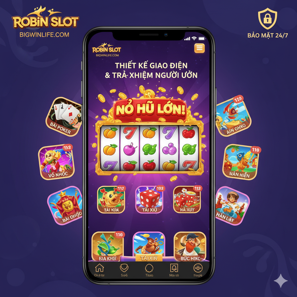 Chức năng của Robin Slot tập trung vào 'Thiết Kế Giao Diện & Trải Nghiệm Người Dùng' và 'Kho Trò Chơi'. Hình ảnh nên hiển thị giao diện chơi game mobile của Robin Slot, với màn hình chính là trò chơi xèng đang quay (ví dụ: hiển thị thông báo 'JACKPOT' hoặc chiến thắng lớn). Xung quanh có các biểu tượng nhỏ của các trò chơi khác như poker, Tài Xỉu, làm nổi bật kho game đa dạng. Hình ảnh phải có màu sắc tươi sáng, nét vẽ rõ ràng, nhấn mạnh tính năng 'Tối ưu Mobile' và 'UX/UI thân thiện'. Nên có biểu tượng 'Hỗ trợ 24/7' hoặc khóa an toàn để ngụ ý các tính năng hỗ trợ và bảo mật.