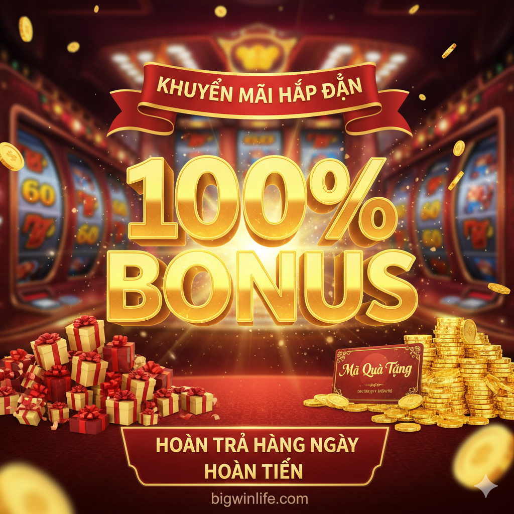 Hình ảnh lợi ích tập trung vào 'Khuyến Mãi Hấp Dẫn' và 'Cashback'. Hình ảnh nên hấp dẫn và gợi cảm hứng, với yếu tố chính là biểu ngữ '100% BONUS' lớn, lấp lánh, bên cạnh là hộp quà, đống tiền vàng lấp lánh và một tấm thẻ 'Giftcode'. Bối cảnh có thể là một cảnh game mang tính chất ăn mừng, có banner 'Hoàn Trả Hàng Ngày'. Tổng thể sử dụng tông màu vàng và đỏ, tạo không khí lễ hội và thu hút lợi ích khổng lồ. Bố cục tập trung vào phần thưởng ở trung tâm, với thông tin khuyến mãi phụ trợ hai bên.