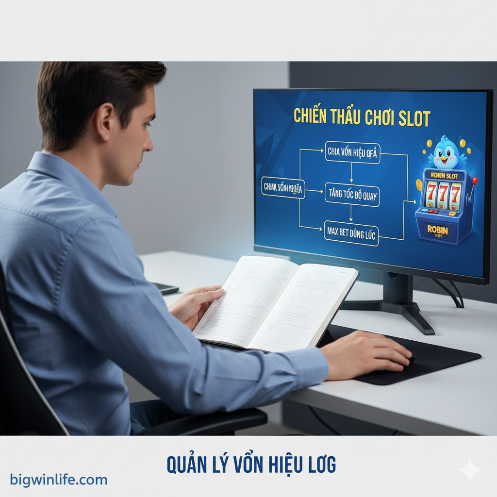 Hình ảnh tóm tắt được sử dụng cho phần 'Mẹo Và Chiến Thuật Chơi'. Hình ảnh nên thể hiện sự chuyên nghiệp và thông minh. Yếu tố chính là một người chơi đang ngồi trước máy tính, trước mặt là biểu đồ hoặc sổ ghi chép có ghi 'Chiến Thuật Chơi Slot', bên cạnh là biểu tượng máy slot nhỏ của Robin Slot. Biểu đồ nên có các từ khóa như 'Chia Vốn', 'Tăng Tốc', 'Max Bet', ngụ ý rằng người chơi cần tuân theo chiến lược thay vì cược mù quáng. Sử dụng tông màu xanh lam, trắng và xám lạnh để tạo không khí phân tích và lập kế hoạch, phù hợp với chủ đề 'Quản Lý Vốn Hiệu Quả'. Bố cục sử dụng độ sâu trường ảnh, làm nổi bật tầm quan trọng của chiến lược.
