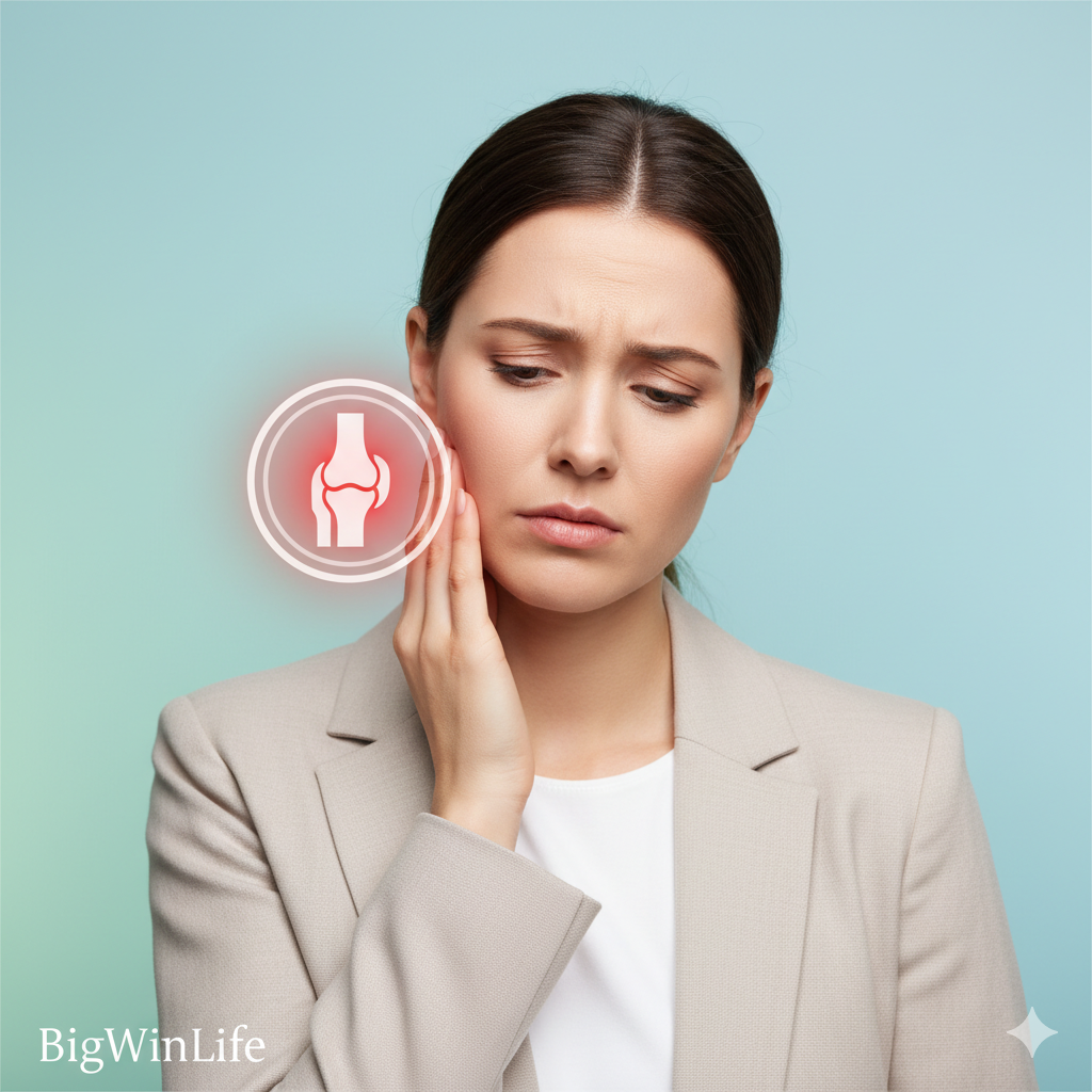 ภาพปกแนวสุขภาพที่ดูผ่อนคลายแต่มีจุดโฟกัสที่ความเจ็บปวด โดยเป็นภาพผู้หญิงวัยทำงานที่ดูเครียดหรือกำลังรู้สึกไม่สบาย บริเวณใบหน้าถูกจับที่ขากรรไกร (หน้าหู) ด้วยสีหน้าที่กังวล พื้นหลังเป็นสีโทนเย็น (ฟ้าอ่อน/เขียวมิ้นต์) และมีสัญลักษณ์ของข้อต่อขากรรไกร (TMJ) เป็นวงกลมสีแดงเรืองแสงอยู่บนตำแหน่งที่ปวด เพื่อสื่อถึงอาการ 'Kaak op Slot' หรือกรามค้าง เน้นแสงที่อ่อนโยนเพื่อให้เข้ากับสไตล์ของ BigWinLife ที่เน้นการดูแลสุขภาพแบบองค์รวม