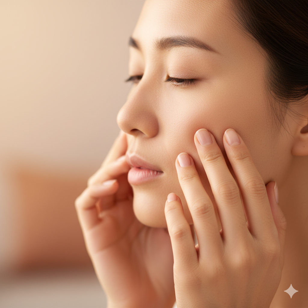 ภาพสำหรับส่วน 'วิธีแก้ขากรรไกรค้างเบื้องต้น' ที่เน้นการ 'นวดคลายกล้ามเนื้อกราม' โดยเป็นภาพระยะใกล้ (Close-up) ของใบหน้าคนที่กำลังใช้นิ้วมือ (ชี้และกลาง) นวดวนเบาๆ ที่บริเวณกล้ามเนื้อแก้ม (Masseter Muscle) เพื่อคลายความตึงเครียดของขากรรไกร