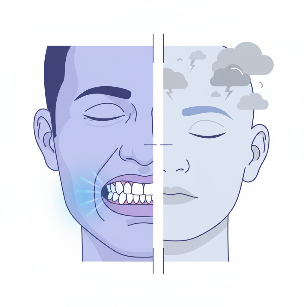 ภาพ Graphic ของคนที่กำลังนอนกัดฟัน (Bruxism) โดยมีฟันที่ขบกัน และอีกด้านหนึ่งเป็นภาพ Graphic ของศีรษะที่มีเมฆหมอกหรือสายฟ้าเล็กๆ อยู่บนหัว เพื่อสื่อถึงความเครียด (Stress) ที่เป็นต้นตอของอาการ Kaak op Slot Symptomen
