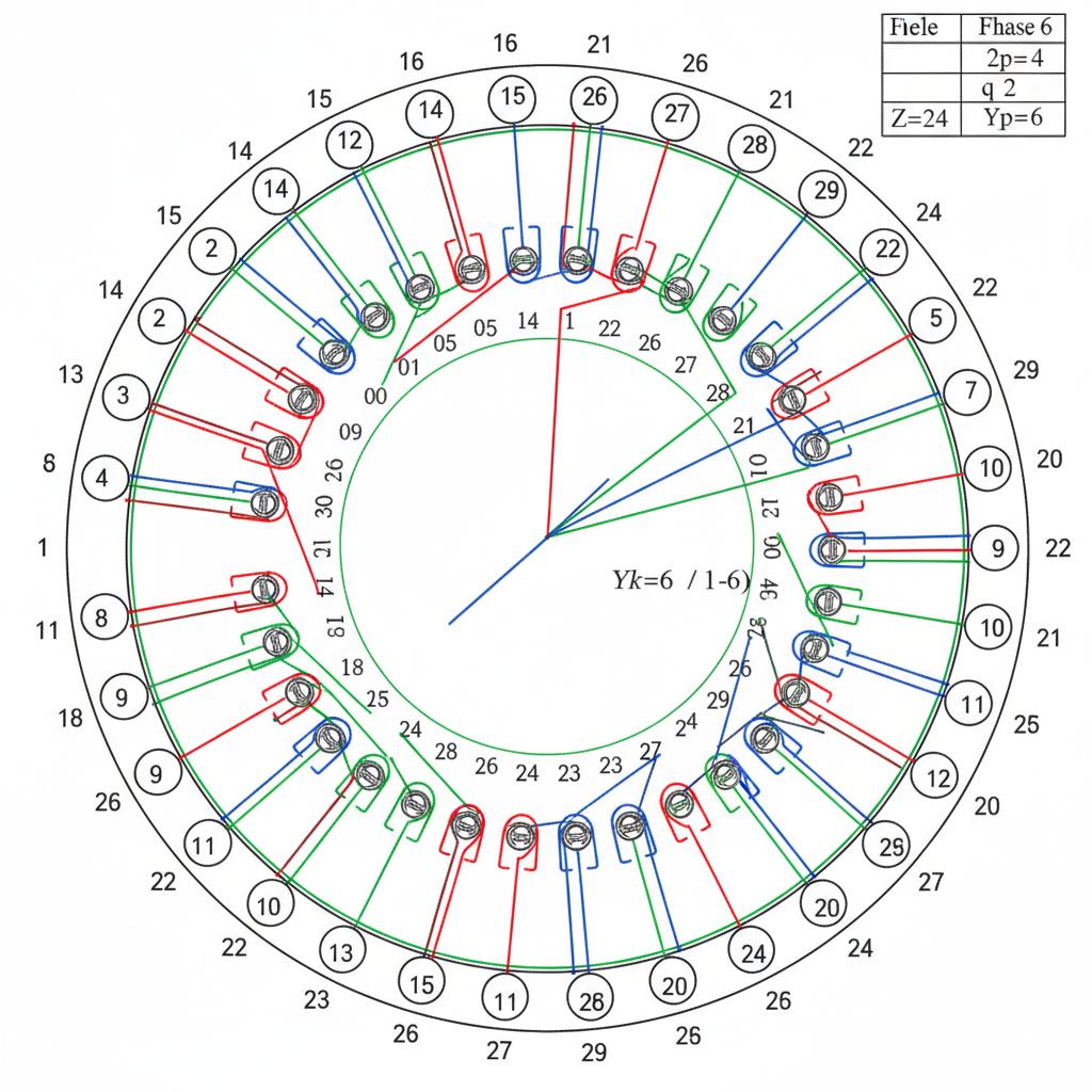 Một hình ảnh minh họa sống động, chuyên nghiệp cho bìa bài viết. Trung tâm là sơ đồ cuộn dây motor 3 pha 24 rãnh 4 cực (2p=4) kiểu đồng tâm (Concentric Winding). Sơ đồ phải thể hiện rõ 3 pha (U, V, W) bằng 3 màu sắc khác nhau (ví dụ: đỏ, vàng, xanh dương) được sắp xếp trong 24 rãnh stator (hình tròn). Thể hiện các bối dây với bước cuộn (ví dụ 1-6 và 1-8). Phong cách kỹ thuật, sạch sẽ, có các đường nét mũi tên chỉ dẫn luồng đấu nối (Vào - Ra). Góc dưới có thể thêm logo "bigwinlife.com" mờ và tiêu đề "24 Slot 3 Phase Winding Diagram" bằng phông chữ đậm, kỹ thuật số.