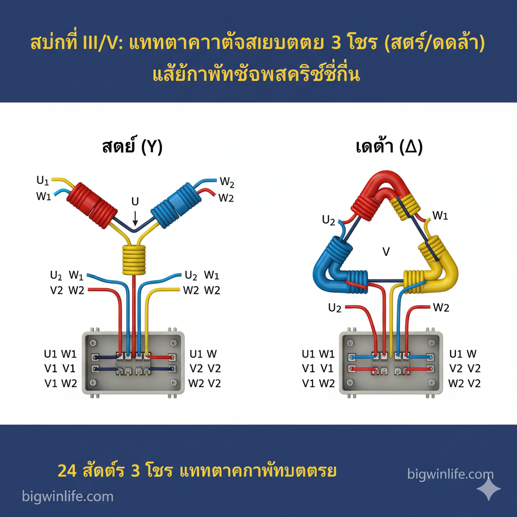 Một hình ảnh kết hợp hai sơ đồ đấu nối điện quan trọng: Đấu Sao (Star/Y) và Đấu Tam Giác (Delta/Δ). Hình ảnh chia thành hai phần, bên trái là sơ đồ Đấu Sao (3 đầu cuối U2, V2, W2 nối chung), bên phải là sơ đồ Đấu Tam Giác (mỗi đầu cuối nối với đầu đầu của pha kế tiếp). Mỗi pha (U, V, W) được biểu thị bằng một cuộn dây có màu sắc riêng biệt. Thể hiện 6 đầu dây ra và cách nối bên trong hộp đấu dây motor. Phong cách đồ họa 3D hoặc kỹ thuật đơn giản, dễ hiểu, có nhãn rõ ràng 'STAR (Y)' và 'DELTA (Δ)' ở phía trên mỗi sơ đồ.
