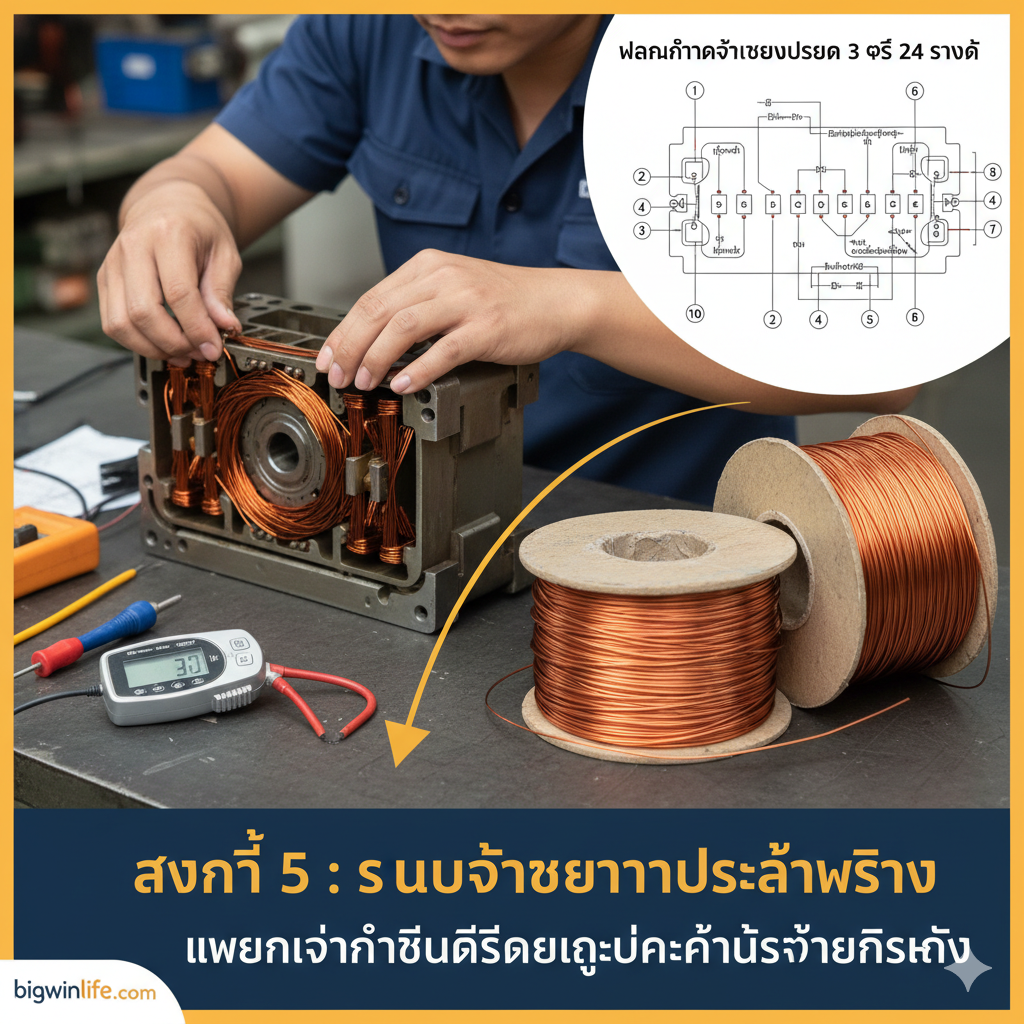 Một bức ảnh tổng hợp, thể hiện quy trình thực hành quấn lại motor. Hình ảnh có thể là một collage (ghép ảnh) hoặc một cảnh tượng tại xưởng. Các yếu tố cần có: 1) Một người thợ điện đang cẩn thận đặt cuộn dây đồng đã quấn vào rãnh stator (giai đoạn 'Vào dây'). 2) Dụng cụ đo lường (như thước kẹp điện tử để đo cỡ dây hoặc máy Megohm để kiểm tra chạm vỏ). 3) Một cuộn dây đồng tráng men chất lượng cao. Màu sắc tổng thể nên là màu ấm áp của dây đồng, thể hiện sự chuyên nghiệp, kinh nghiệm và tính cẩn thận trong quá trình sửa chữa motor. Phong cách ảnh chân thực, tập trung vào chi tiết công việc.