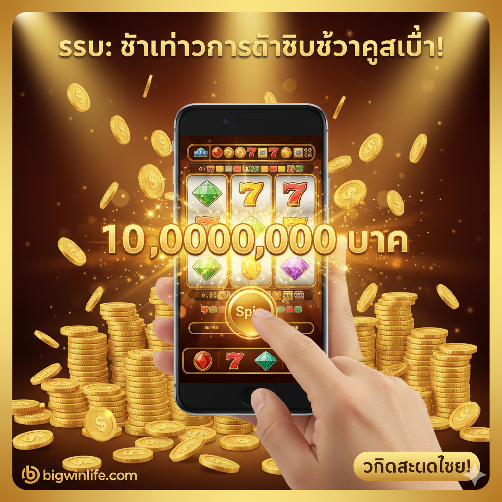 ภาพสรุปที่เป็นแรงบันดาลใจ (Inspirational Summary Image) แสดงมือที่กำลังถือสมาร์ทโฟนและกดปุ่ม 'Spin' บนหน้าจอเกมสล็อตวิดีโอ พร้อมกับมี 'Progressive Jackpot' แตกและตัวเลขจำนวนเงินรางวัลมหาศาล (เช่น 10,000,000 THB) พุ่งขึ้นมาบนหน้าจอ มีแสงไฟสปอตไลท์ส่องลงมาที่โทรศัพท์และเหรียญทองคำที่ตกลงมาอย่างอุดมสมบูรณ์ สื่อถึงการบรรลุเป้าหมายและคำเชิญชวนให้ 'คลิกสมัคร' ทันที ใช้โทนสีอบอุ่นและสีทองเพื่อเน้นความรู้สึกของการชนะและความสำเร็จ