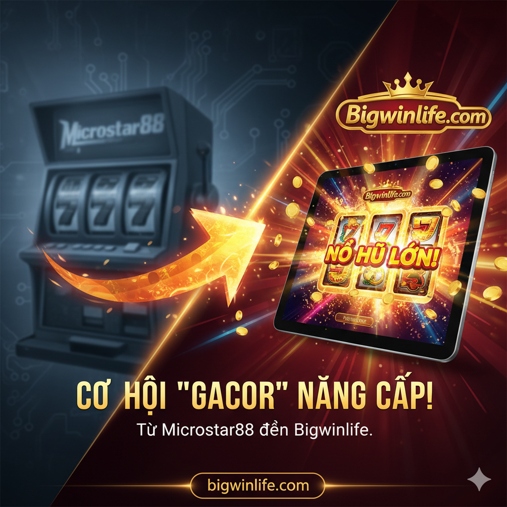 Một hình ảnh thu hút sự chú ý, chủ đề là “从旧到新,胜利升级”。画面左侧应有一个略微模糊、过时的Microstar88标志或旧式老虎机图形,使用暗淡的蓝色和灰色调。画面右侧主体是Bigwinlife的标志和一个现代、闪耀的老虎机界面(最好展示一个“BIG WIN”或“JACKPOT”的爆炸性动画)。整体色彩应采用高饱和度的金色和红色,营造出热情和胜利的氛围。构图上,使用对角线将旧平台和新平台区分开,并用一个箭头指示从“Microstar88”到“Bigwinlife”的升级,强调“Gacor”的胜利机会。