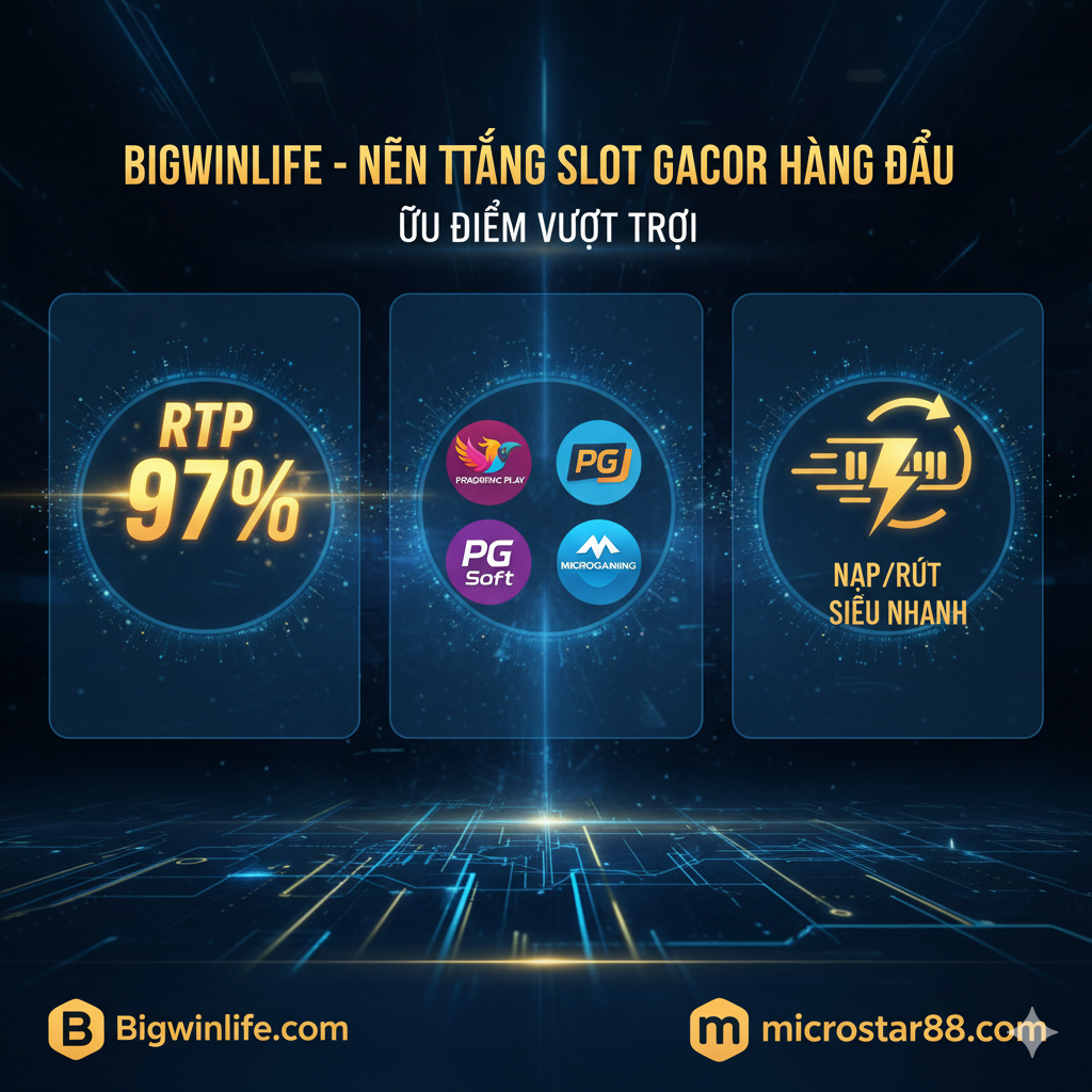 Hình ảnh này nên làm nổi bật Bigwinlife là“Slot Gacor”平台的关键功能和合作优势。画面主体是一个三列的信息图表或图标组合。核心元素包括：1. 一个闪烁的“RTP”百分比数字（例如97%），象征高返奖率；2. 几个著名的游戏供应商Logo（如Pragmatic Play, PG Soft），表示合作可靠性；3. 一个快速的进度条或时钟图标，代表“超快Nạp/Rút”。背景采用科技感十足的蓝色和金色线条，突出平台的专业性和透明度，整体风格现代且值得信赖。