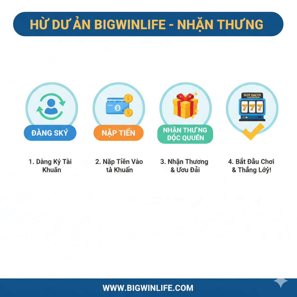 Một hình ảnh hướng dẫn rõ ràng, hiển thị quy trình tham gia Bigwinlife và nhận thưởng, sử dụng cấu trúc ba bước hoặc bốn bước với các biểu tượng (Đăng ký, Nạp tiền, Hộp quà thưởng) để hướng dẫn người dùng hoàn thành quy trình một cách trôi chảy.