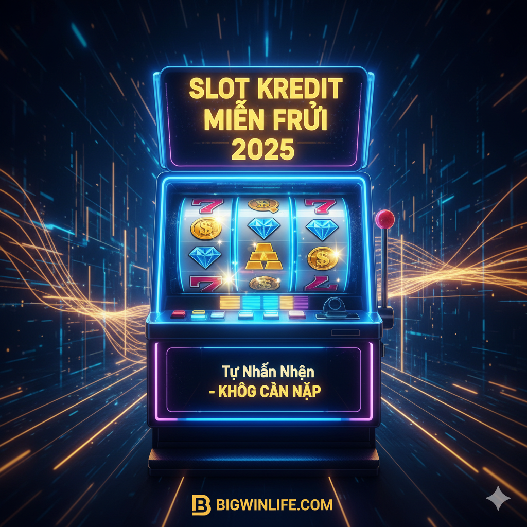 Thiết kế một引人注目的封面图，主题为'slotเครดิตฟรี2025'。图片主体是一个闪耀、未来感的霓虹灯风格老虎机（Slot Machine），上方大字醒目显示“300K FREE CREDIT 2025”或“SLOT KREDIT GRATIS 2025”。背景使用深蓝色和金色交织的科技感光芒，象征财富和未来。老虎机屏幕上显示中奖的滚轮图案，下方有小字标明“Tự Nhấn Nhận - KHÔNG CẦN NẠP”。整体构图居中，高对比度，吸引眼 cầu ngay lập tức. 视觉风格：高端、赌场/gaming hiện đại.
