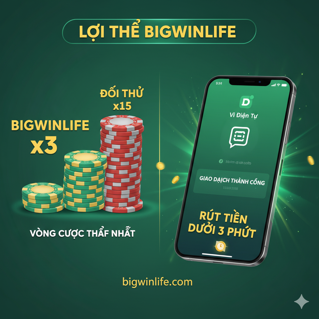 优势图片强调bigwinlife的独特优势,特别是'Turnover x3' 和 'Tốc Độ Thanh Toán Siêu Tốc'。画面可以对比两个筹码堆:一个很小的筹码堆标着“bigwinlife x3”和一个很大的筹码堆标着“Đối Thủ x15”,直观体现低门槛。同时,在画面一侧展示一个手机屏幕或电子钱包界面(如True Money Wallet/Ví Điện Tử),显示交易成功的动画,强调“Rút Tiền Dưới 3 Phút”. Sử dụng màu xanh lá cây hoặc vàng để biểu thị sự nhanh chóng và dễ dàng. 风格:so sánh, minh họa, chuyên nghiệp.