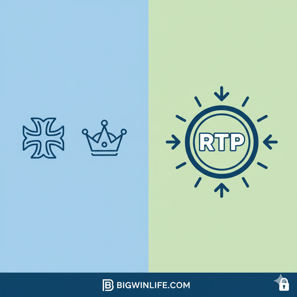 Ảnh minh họa tính pháp lý và độ minh bạch của Pragmatic Play. Bố cục chia đôi: một nửa là biểu tượng của Malta Gaming Authority (MGA) và UK Gambling Commission (UKGC) (chỉ sử dụng biểu tượng vector đơn giản, không phải logo gốc phức tạp), tượng trưng cho sự giám sát và cấp phép. Nửa còn lại là một biểu tượng vòng quay slot machine đơn giản với chữ 'RTP' lớn nổi bật ở giữa, có các đường mũi tên chỉ ra bên ngoài, tượng trưng cho tính công bằng và Random Number Generator (RNG). Màu sắc sử dụng tông xanh dương và xanh lá cây mát mẻ, tạo cảm giác đáng tin cậy. Góc dưới có một biểu tượng ổ khóa an toàn nhỏ.