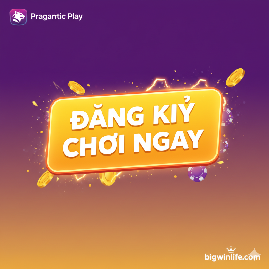 Ảnh tổng kết và kêu gọi hành động (CTA). Bố cục là một nút bấm lớn, nổi bật với dòng chữ 'ĐĂNG KÝ CHƠI NGAY' hoặc 'TẢI TÀI NGUYÊN MARKETING'. Nền ảnh là sự kết hợp của màu tím đậm (Pragmatic Play) và màu vàng/cam sáng, tạo độ tương phản mạnh mẽ và hấp dẫn. Góc trên bên trái là biểu tượng logo Pragmatic Play nhỏ, và góc dưới bên phải là logo bigwinlife.com nhỏ, cả hai đều có hiệu ứng phát sáng nhẹ. Hình ảnh truyền tải sự khẩn cấp và kích thích người dùng hành động ngay lập tức. Phong cách đồ họa dứt khoát, hiện đại, và rõ ràng về mục tiêu.