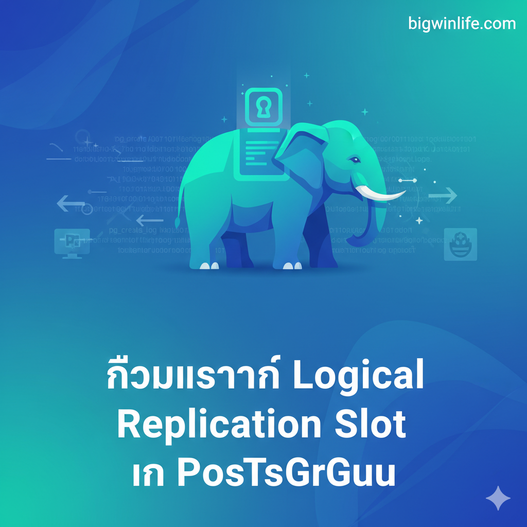 一张吸引인의封面图，以泰式科技蓝 (Teal and Electric Blue) 为主色调，体现数据流动和实时性。画面中央是 PostgreSQL 的大象标志，大象背部伸出一个发光的**“Slot”** 概念图标（可以是一个钥匙孔或一个数据传输端口）。周围环绕着流动的二进制代码或WAL Log（像流水线上的数据块），并有箭头指向一个外部系统（如 Kafka หรือ Data Warehouse 的抽象图标）。风格应是现代、清晰、专业的扁平化หรือ低多边形设计，下方泰文标题应清晰可见：วิธีสร้าง Logical Replication Slot ใน PostgreSQL。