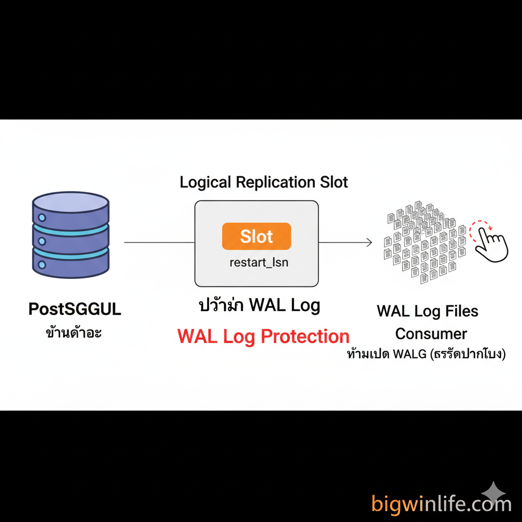 图片旨在解释 Logical Replication Slot 作为WAL Log 保护机制的功能。构图为三段式流程图。左侧是PostgreSQL 数据库（Server Icon），中间是一个清晰的**“Slot” 标记**（像一个闸门或检查点），上面写着 'restart_lsn'。右侧是一堆等待被删除的WAL Log 文件（小方块），而 Slot 标记的作用是阻止ใน Consumer（抽象为一只手หรือ一个外部系统图标）未处理完之前删除这些 WAL Log。风格应简洁直观，使用亮眼的橙色หรือ红色来强调 'WAL Log Protection'。