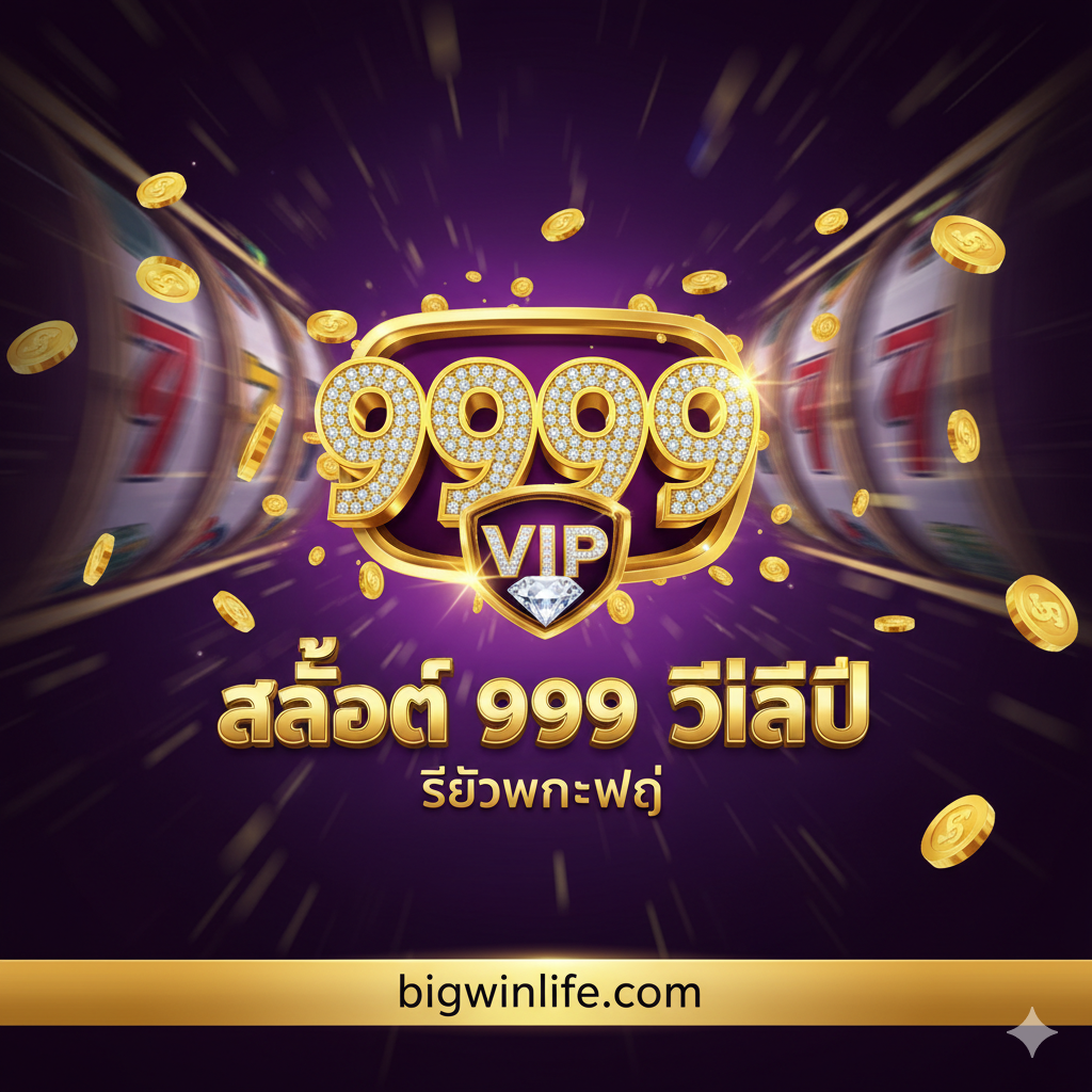 一张极具吸引力の封面图，采用深金色และ皇家紫色为主色调，营造出高端VIP的奢华感。中心是一个巨大的、闪耀着光芒的ตัวเลข '999' และ一个钻石镶嵌的 'VIP' 徽章。背景是抽象的、高速旋转的สโลต機滚轮或金币瀑布，强调“大赢”的主题（bigwinlife）。构图应具有冲击力，文字 'slot 999 vip' 醒目，并嵌入站点 Logo หรือ域名 'bigwinlife.com' 以增强品牌联想。整体风格应是现代、奢华的博彩界面设计。