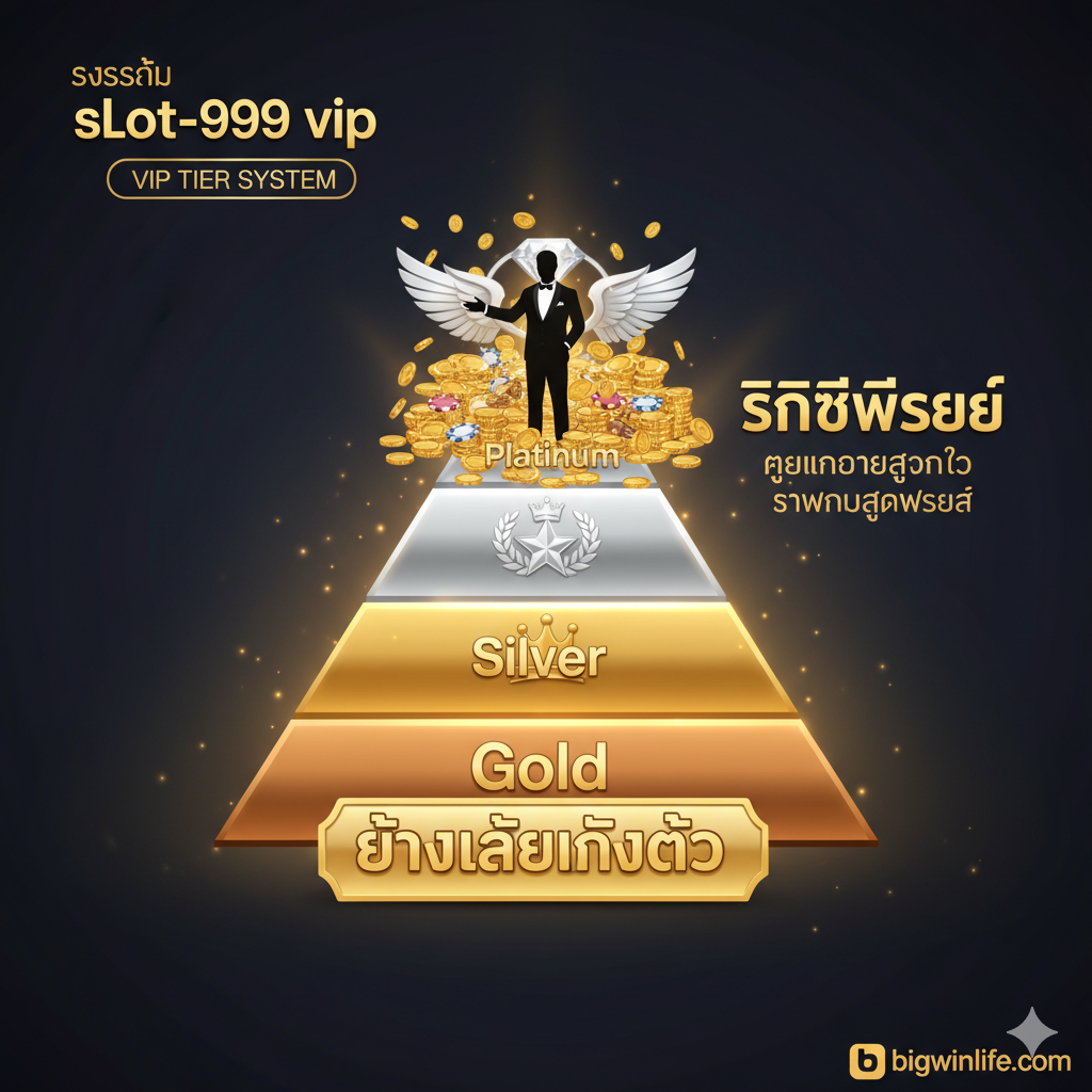优势特点图，聚焦于“ระบบ VIP Tier System”และ“สิทธิพิเศษ (Exclusive Perks)”。图片应展示一个从 Bronze 到 Platinum 的阶梯或金字塔结构。每个级别（Bronze, Silver, Gold, Platinum）用不同颜色和符号表示，如皇冠或勋章。着重突出 Platinum 级别的独有权益，例如一个穿着考究的私人管家（Personal Account Manager）的剪影，以及堆积如산을金币และ筹码。配色采用金色、银色、青铜色和铂金色，强调等级และ身份的象征意义，传达“越玩ยิ่งได้”的理念。