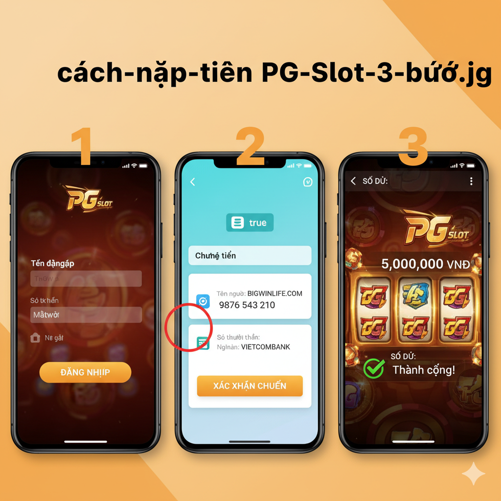 Hình ảnh này minh họa trực quan 3 bước đơn giản của quy trình nạp tiền, bao gồm đăng nhập, chuyển khoản qua True Wallet/Ngân hàng và nhận thông báo thành công sau 10 giây