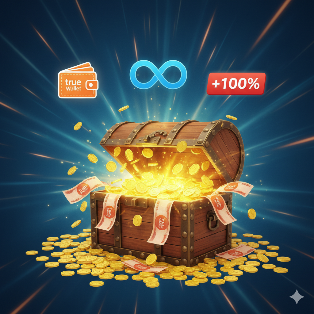 Hình ảnh này nhấn mạnh các lợi thế cốt lõi như True Wallet, không giới hạn tối thiểu (biểu tượng vô cực), và khuyến mãi 100% (cụ thể cho việc nạp tiền), hấp dẫn người dùng giao dịch