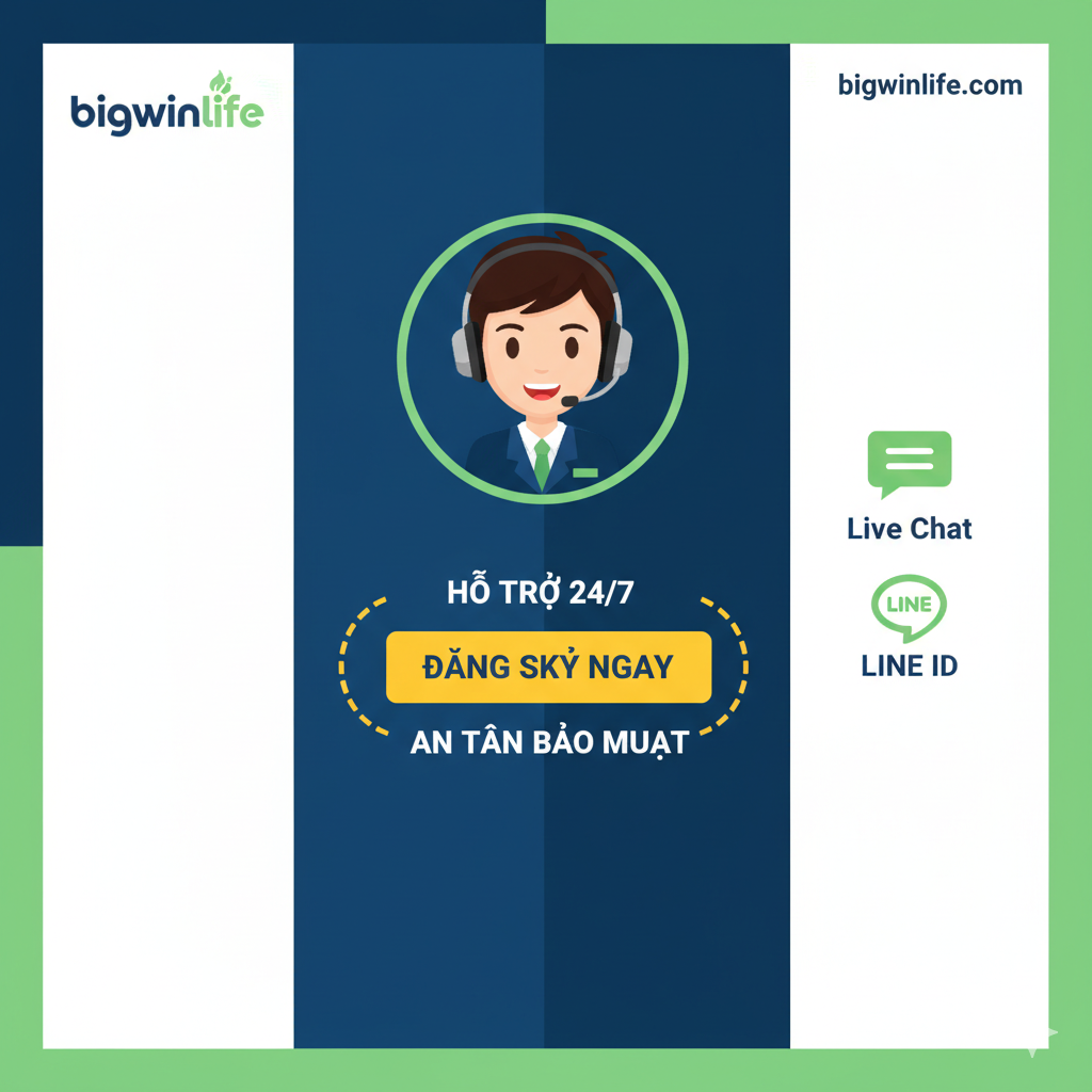 Hình ảnh này đóng vai trò là Lời kêu gọi hành động (CTA), bao gồm các kênh hỗ trợ 24/7 (Live Chat và LINE) để xây dựng lòng tin và khuyến khích người dùng đăng ký/nạp tiền ngay