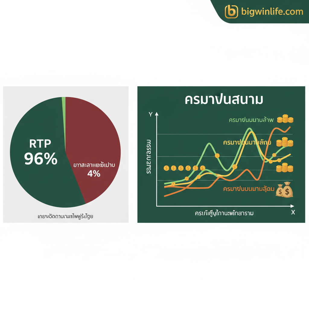 ภาพประกอบส่วนการคำนวณ RTP และ Volatility แสดงองค์ประกอบสองส่วนในภาพเดียว. ด้านซ้ายเป็นกราฟแท่งหรือแผนภูมิวงกลมที่แสดง "RTP 96%" และ "House Edge 4%" เน้นแนวคิดการคืนทุน. ด้านขวาเป็นแกนกราฟ (X-Y Axis) ที่แสดง "Volatility" (ความผันผวน) โดยมีเส้นกราฟ 3 เส้น (Low, Medium, High) ที่แสดงถึงความถี่และขนาดของรางวัล. ใช้ไอคอน "เงิน" หรือ "เหรียญทอง" ในภาพเพื่อเปรียบเทียบขนาดของรางวัลตามระดับ Volatility. สีเน้นความรู้ทางการเงิน เช่น สีเขียวและสีทอง