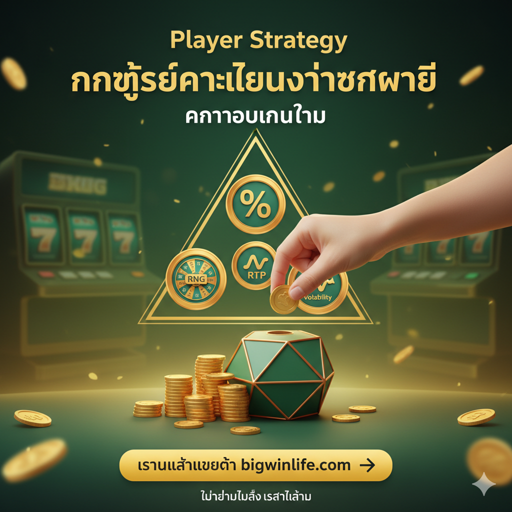 ภาพสรุปเน้นกลยุทธ์สำหรับผู้เล่น (Player Strategy) แสดงไอคอน 3 ชิ้น (RNG/RTP/Volatility) ในกรอบสามเหลี่ยมที่มั่นคง. ตรงกลางภาพมีมือที่กำลังวางเหรียญลงใน "กระปุกออมสิน" หรือ "กองเงิน" ที่จัดระเบียบอย่างดี (Bankroll Management). เน้นคำว่า "กลยุทธ์การเล่นอย่างชาญฉลาด" หรือ "ควบคุมเงินทุน" เป็นหลัก. โทนสีเป็นมิตรและสร้างแรงจูงใจ (Motivating) เช่น สีเหลืองทองและสีเขียว เพื่อกระตุ้นให้ผู้เล่นนำความรู้ไปใช้จริง (Call to Action) บนเว็บไซต์ bigwinlife.com