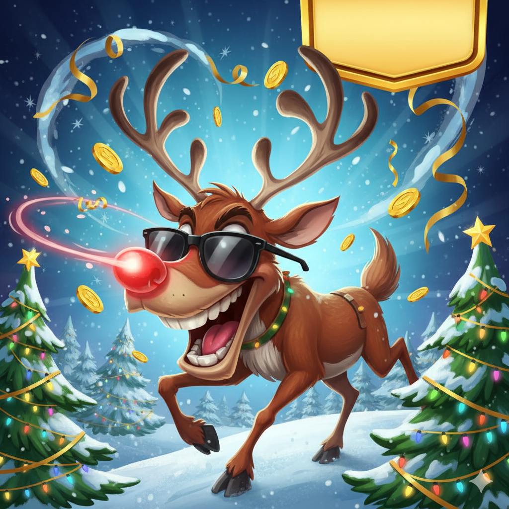 Một引人注目的封面图,主题是“Rudolph Gone Wild Slot FREE PLAY”。画面中心是卡通风格的、表情夸张(“Gone Wild”)的驯鹿鲁道夫,它戴着墨镜或露出兴奋的笑容,背景是积雪覆盖的松树和闪闪发光的圣诞灯饰。画面右侧或上方有一个巨大的、带有金色边框的“FREE PLAY DEMO”横幅或按钮,强调免费试玩。整体色彩采用圣诞节经典的红、绿、金色,视觉效果欢快、高饱和度,营造出节日的狂野气氛。
