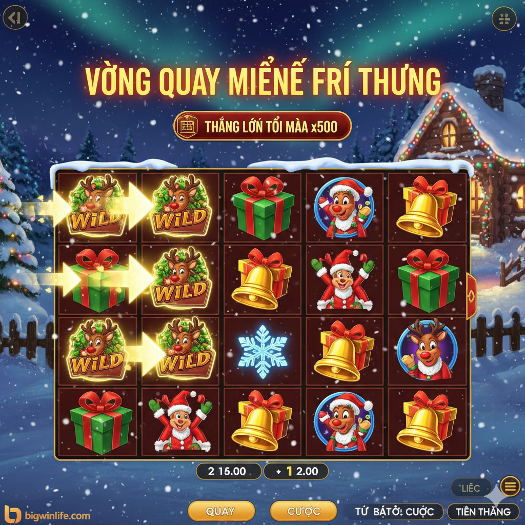 展示游戏核心的Bonus功能。构图聚焦于老虎机的5x4网格界面,重点突出“Walking Wilds”(移动的Wild)机制。画面中至少有两三个鲁道夫Wild图标出现在左侧的转轴上,并且有一个箭头或光效指示它们将向左侧移动。背景中应该有一个闪烁的“Free Spins Bonus”字样,并配有雪花、礼物盒等高价值游戏符号,以强调这是爆发巨额奖金(Max Win x5000)的关键特性。色彩鲜明,强调动态感和潜在的大奖。