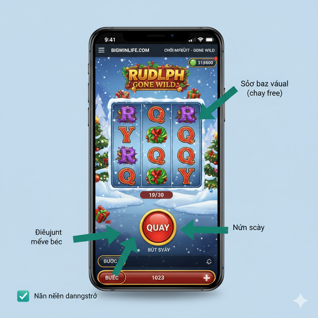 一张清晰的教程指导图,模拟玩家在移动设备上进行“FREE PLAY”的操作界面。图片展示一个手机屏幕视图,屏幕上是Rudolph Gone Wild老虎机界面。用醒 mục的黄色或绿色箭头标注出关键操作点:1. 调整虚拟“Bet Level”(赌注大小按钮),2. “Spin Button”(旋转按钮),3. 屏幕上方的“Virtual Balance”(虚拟余额)。画面风格简洁明了,配有小图标提示“No Registration Needed”(无需注册),旨在指导新玩家快速开始免费试玩。