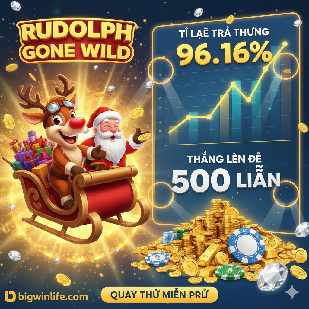 强调游戏的优势和数据,特别是高RTP和高赢奖潜力。图片构图应将游戏的主要角色(鲁道夫和圣诞老人)放在一侧,而另一侧则展示数据图表。重点用大数字突出:“96.16% RTP”和“Max Win x5000”。使用金色、银色或高亮度的光芒作为背景,突出这些数字的价值。画面可以包含堆积如山的金币或大额筹码,直观地传 đạt出“高回报”的优势特点,以吸引追求大奖的玩家。
