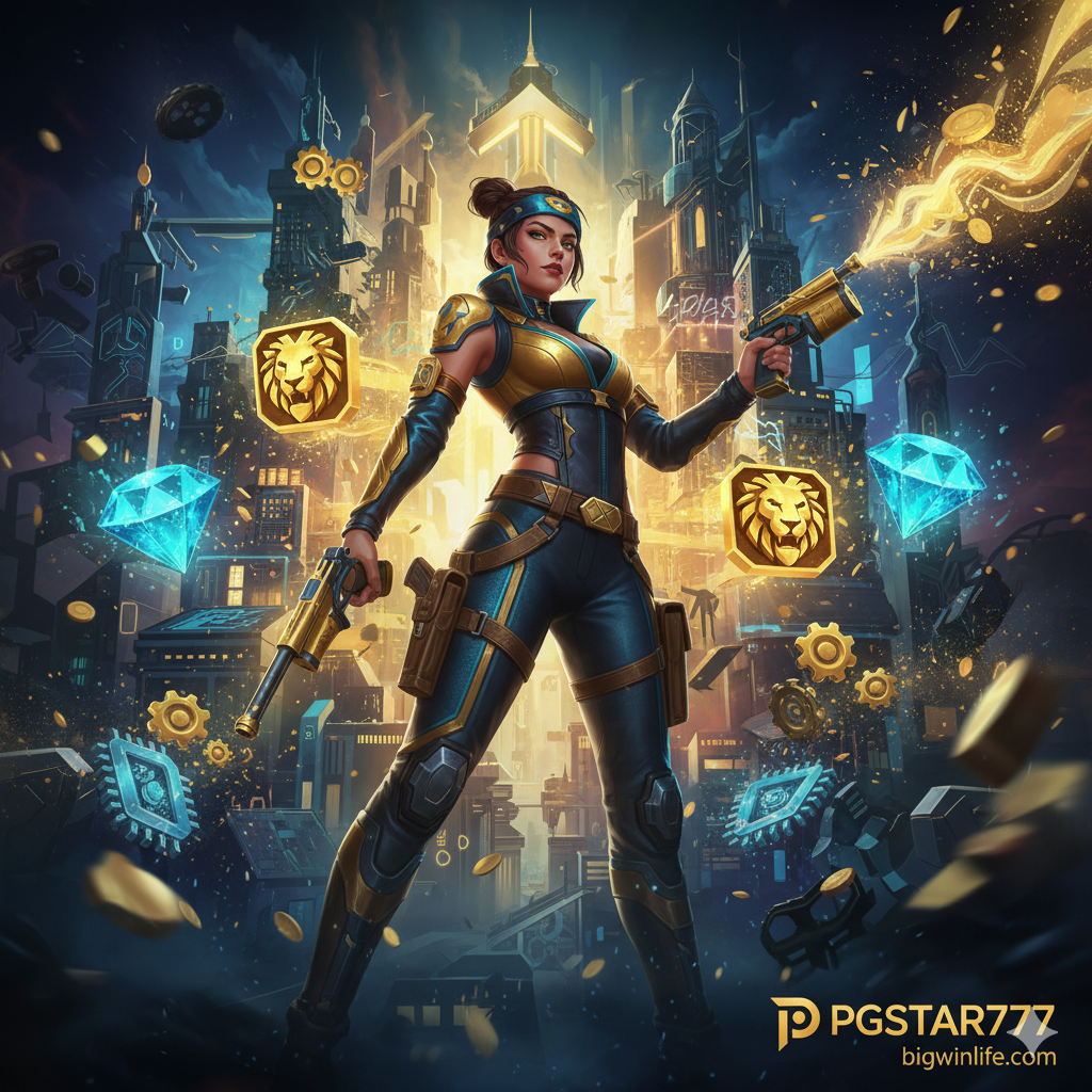 Một bức ảnh có độ phân giải cao, bắt mắt với phong cách đồ họa Art 3D lộng lẫy, kết hợp các yếu tố đặc trưng của PG Slot như biểu tượng Wild, Scatter hoặc một nhân vật game nổi bật. Tông màu chủ đạo là Vàng Kim, Đen và Xanh Lam đậm. Logo PGSTAR777 và bigwinlife.com được đặt tinh tế.