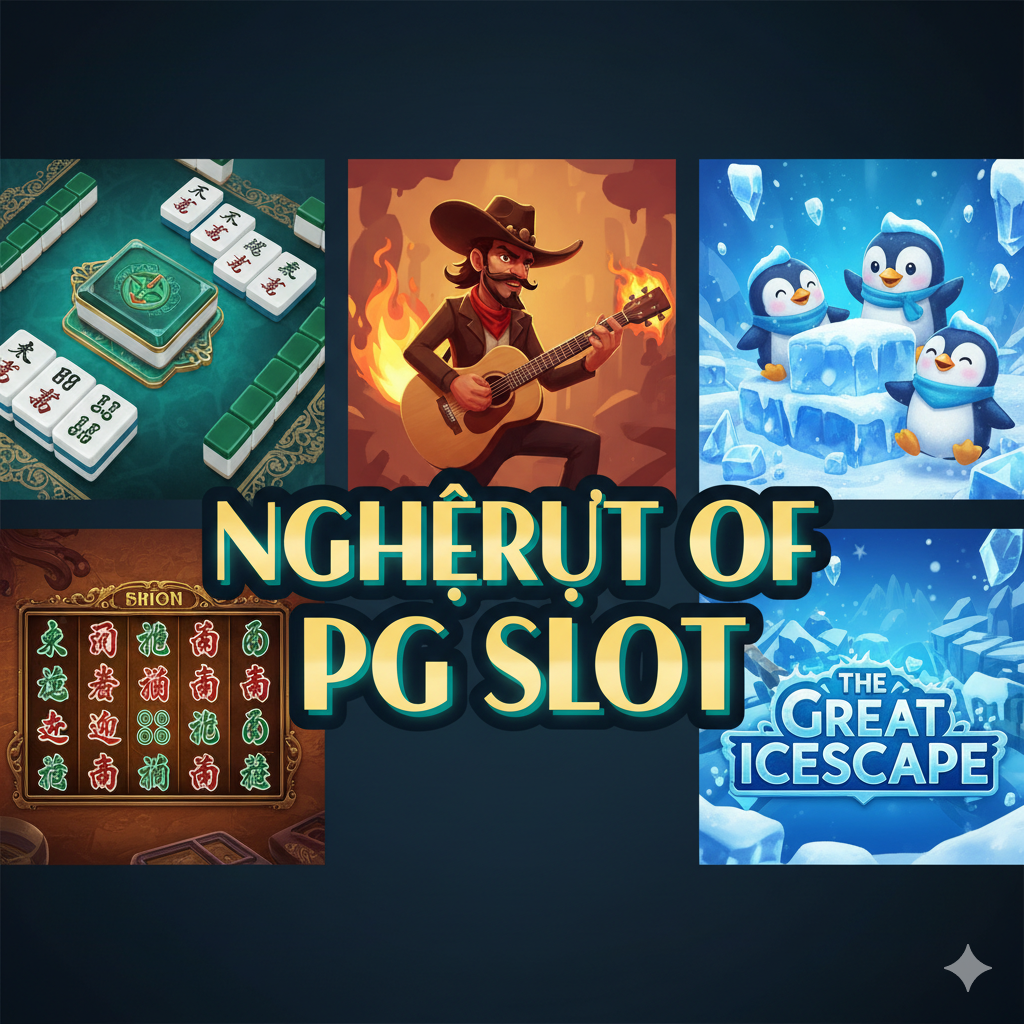 Collage hiện đại hiển thị 3 khung hình chụp màn hình chất lượng cao từ 3 game PG Slot: Mahjong Ways (xanh ngọc), Wild Bandito (sống động) và The Great Icescape (xanh băng tuyết). Giữa ảnh là dòng chữ 'THE ART OF PG SLOT'.