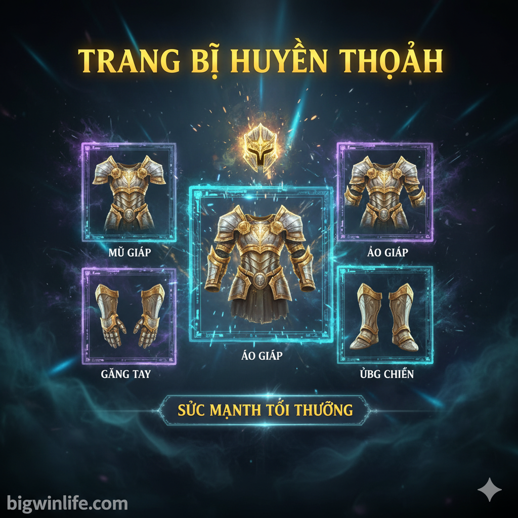 Ảnh bìa phong cách Epic Fantasy, tập trung vào một bộ giáp vàng-bạc chi tiết cao cấp (Best in Slot/BIS) đang tỏa sáng rực rỡ. Bộ giáp được tách thành các mảnh giáp (mũ, áo, găng tay, giày) và mỗi mảnh nằm trong một ô vuông phát sáng tương ứng với 'Armor Slot'. Nền tối, có khói và ánh sáng ma thuật màu xanh lam/tím. Tổng thể phải truyền tải sự quan trọng và sức mạnh tối đa của hệ thống trang bị, thu hút game thủ RPG/MMORPG. Màu sắc chủ đạo: Vàng, bạc, đen, xanh ma thuật.