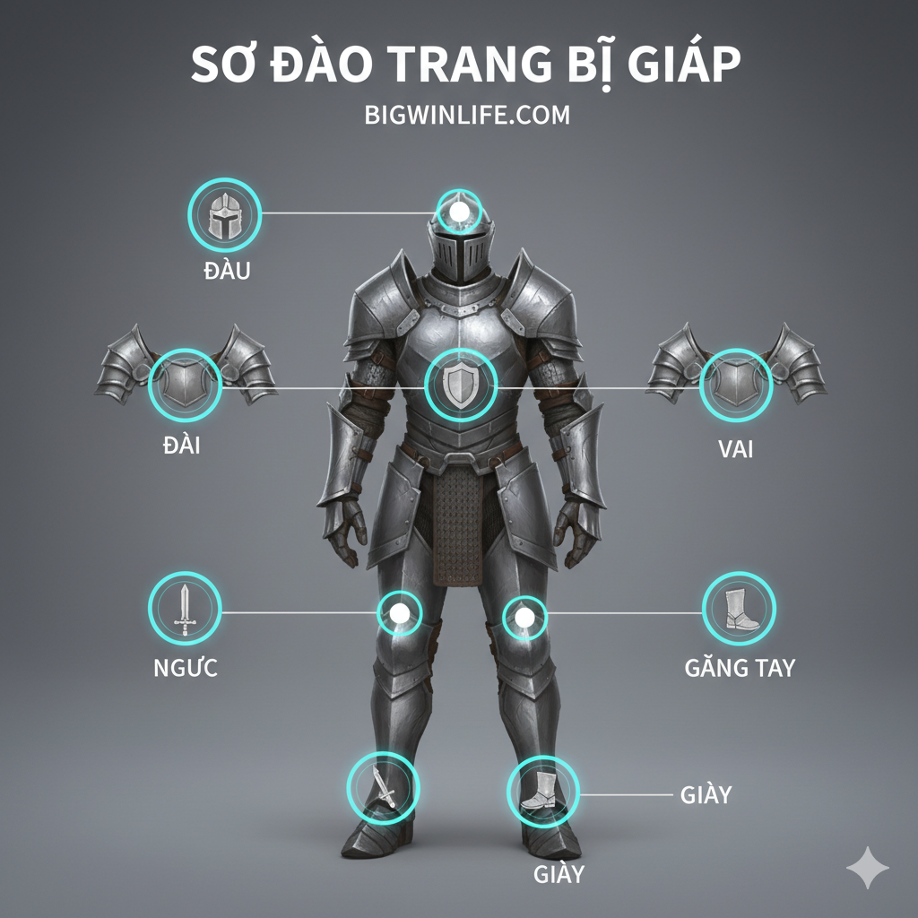Ảnh minh họa chi tiết về các 'Slot Giáp' cơ bản từ đầu đến chân (Head-to-Toe). Sử dụng hình ảnh một nhân vật (Warrior hoặc Knight) đứng thẳng, với các vị trí trang bị như Head, Chest, Shoulders, Gloves, Boots được đánh dấu bằng các vòng tròn hoặc hộp phát sáng rõ ràng. Bên cạnh mỗi điểm đánh dấu là một biểu tượng nhỏ tượng trưng cho chức năng (ví dụ: Mũ = Khiên nhỏ, Găng tay = Thanh kiếm). Phong cách thiết kế sạch sẽ, hiện đại, dễ hiểu như một sơ đồ hướng dẫn trong game, nhấn mạnh tính phân loại và vai trò của từng slot giáp. Tông màu: Xám kim loại, xanh dương/trắng cho các điểm nhấn.