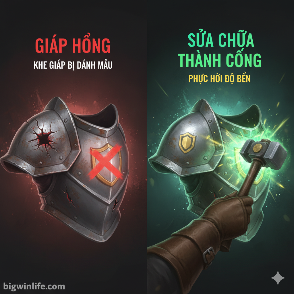 Ảnh minh họa cơ chế 'Marked Armor Slot' và 'Repair'. Chia ảnh làm hai phần: Bên trái, một mảnh giáp vai hoặc giáp ngực bị nứt, rỉ sét, và có biểu tượng 'X' hoặc 'Hư hại' màu đỏ. Bên phải, hình ảnh bàn tay của nhân vật đang sử dụng búa, kìm hoặc tia sáng ma thuật để 'sửa chữa' mảnh giáp đó, mảnh giáp đang dần trở nên sáng bóng và nguyên vẹn trở lại. Góc nhìn cận cảnh để làm nổi bật chi tiết sửa chữa. Ý tưởng truyền tải tính 'sống còn' và cần thiết của việc duy trì độ bền trang bị trong game. Màu sắc: Đỏ (hư hỏng), xanh lá cây/vàng (sửa chữa/khôi phục).