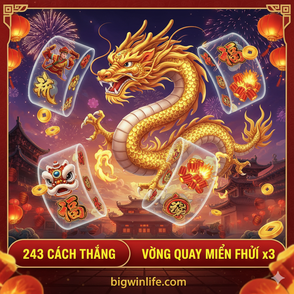 Ảnh bìa phong cách Châu Á rực rỡ, tập trung vào chủ đề Lễ hội Múa Rồng. Trung tâm là một con Rồng Vàng uy dũng đang uốn lượn, xung quanh là các cuộn quay slot (reels) với các biểu tượng trả thưởng cao như người Múa Rồng, Hổ Lân, Pháo nổ. Màu sắc chủ đạo là Đỏ, Vàng kim và Xanh ngọc, tạo cảm giác may mắn, tài lộc và sự phấn khích. Có thể lồng ghép nhẹ nhàng logo hoặc tên miền 'bigwinlife.com' ở góc dưới, nhấn mạnh tính năng '243 Ways to Win' và 'Free Spins x3'.
