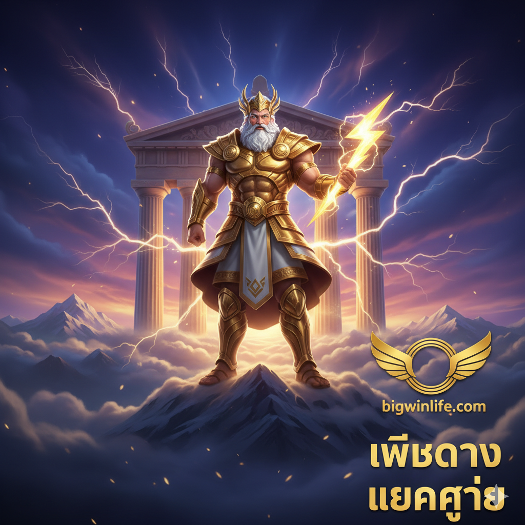 一张极具冲击力の封面图片，风格为高品质的3D/插画，主题为“Slot Zeus”和“大赢特赢”。画面主体是古希腊神话中的宙斯（Zeus），他身着金色盔甲，手持雷电，威严地ยืน站在奥林ปัส山顶的云端。背景是《Gates of Olympus》เกม中的神殿大门และ古希腊柱子。天空应เป็น深蓝或紫色，ถูก耀眼的金色闪电照亮。图片底部หรือ角落应有“bigwinlife.com”的标志性Logo（虚构），并用泰语大字强调“เว็บตรง แตกง่าย” (Web Direct, Easy to Break/Win)。色彩以金、蓝、紫为主，营造出史诗และ财富的氛围。