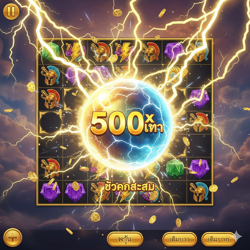功能特性图片,重点展示“ตัวคูณสายฟ้า” (Multiplier) 和“Tumble Feature”。图片应模拟游戏界面的一部分,展示一个网格上有多种宝石和符号消除后的效果。核心元素是一个巨大的、发光的“500x”或“100x”倍数符号(金色或蓝色闪电球),被一束强烈的金色闪电包围。旁邊用泰语小字标注“ตัวคูณสะสม” (Accumulated Multiplier)。整體构图强调倍数符号เป็น画面的焦点,背景是游戏内部的动态云层,强调这是เกมที่关键ที่สุด的爆分机制。