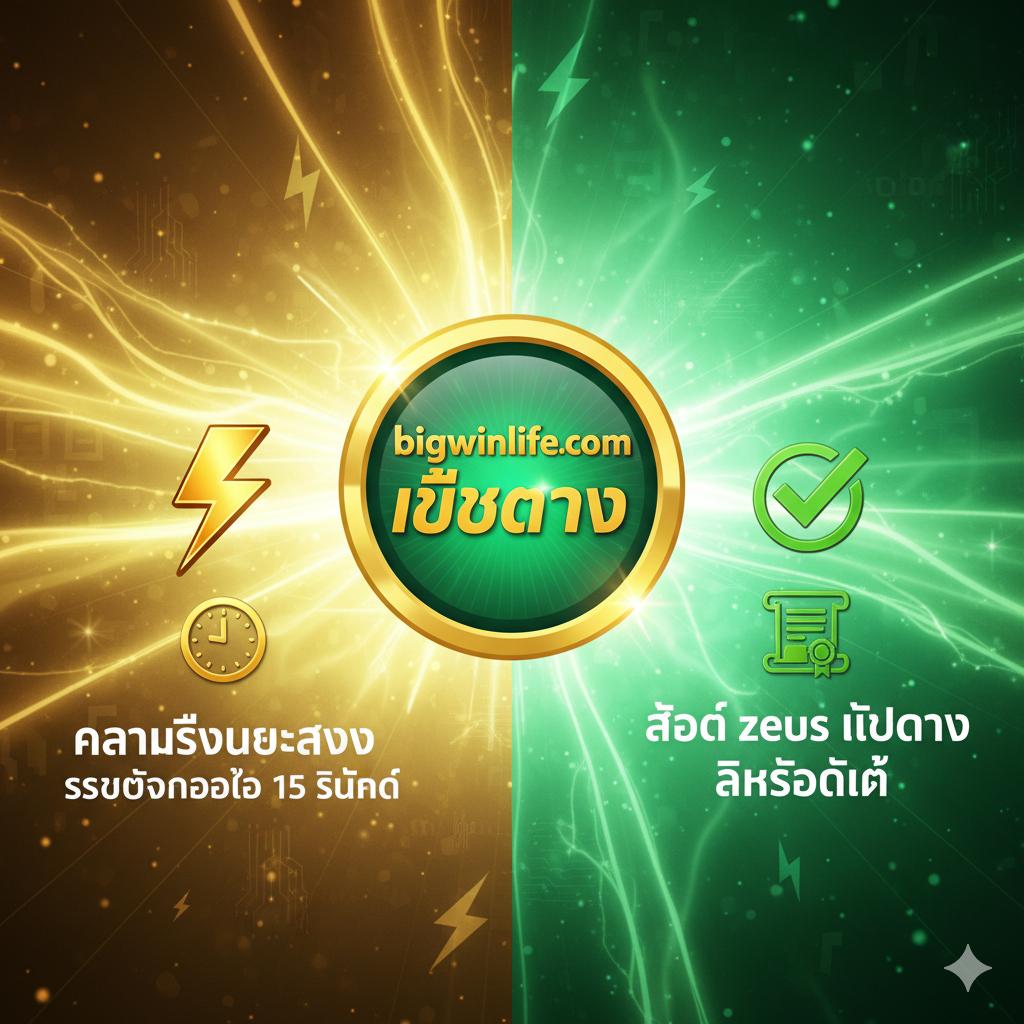 优势特点图片,突出bigwinlife.com的“เว็บตรง”和“ระบบออโต้”的特点。图片构图应是对比鲜明的左右两侧或中心辐射。中央放一个醒目的盾牌或认证标志,内含“bigwinlife.com”字样。两侧分别用图标表示优势:左侧是“⚡️”และ“15 วินาที”代表“ความเร็วเหนือแสง (ระบบถอนออโต้)” (Lightning Speed Auto Withdrawal),右侧是“✅”และ“ใบรับรอง”代表“สล็อต zeus เว็บตรง ลิขสิทธิ์แท้” (Genuine Licensed Direct Web Slot Zeus)。整体色调使用明亮的金和绿色,象征安全、快速และ可信赖。